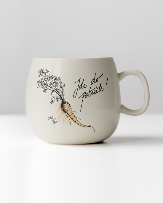 Bílý porcelánový hrnek z Dubí "Jdi do petržele" s mojí ilustrací a nápisem